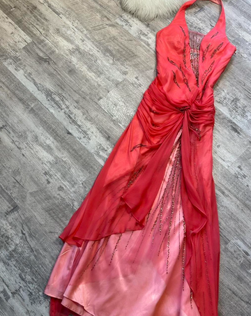 Niulatu Halter Sheath Chiffon Satin Beaded Long Prom Dress Backless Red Formal Evening Dress HZ1026
